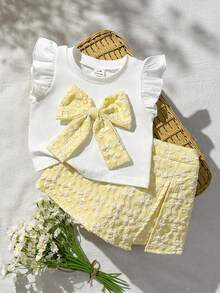 SHEIN 6-9M-2-3Y 嬰兒女童兩件套，甜美藍色花卉提花布料蝴蝶結裝飾荷葉袖圓領上衣 & 鬆緊腰藍色開衩下擺短褲，適合日常穿著、派對及其他場合 - 黃色 - 查看 3