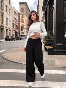 SHEIN PETITE Celana Panjang Wanita Model Lebar dengan Saku, Longgar, dan Kasual - Hitam - View 5