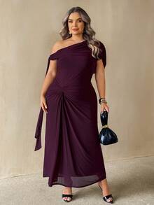 SHEIN CURVE+ Plus Size Elegant Casual Celestial Party Cocktail Formal Evening Dinner Solid Color Asymmetric Neckline Summer 2026 22W Wedding Dark Green - Purple - View 7
