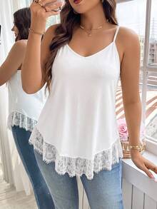 Reflora Plus Size Solid Color Minimalist Casual Lace Patchwork Camisole 2-Piece Set - Black and White - View 7