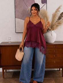 Lounesse Plus Size Women's Lace Patchwork Casual Versatile Daily Wear Camisole Top - Burgundy - View 1