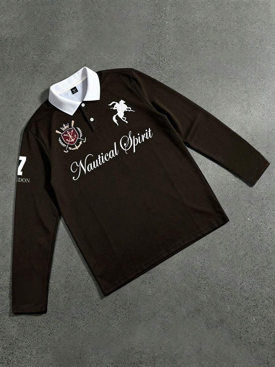 STYNVO 男士騎士字母圖案印花半門襟鈕扣 Polo 衫 - 咖啡棕 - 查看 1