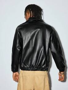 Modcrash Men's Long Sleeve Casual Solid Color Faux Leather Jacket, Autumn/Winter, Grunge Fall/Autumn/Winter - Black - View 3
