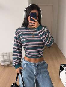 Coolane 女款條紋圓領落肩長袖短版休閒運動衫 - 白色 - 查看 3