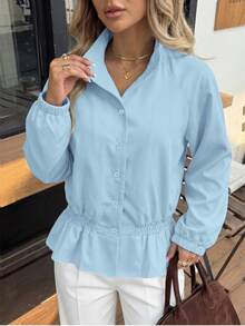 Struktiv Jaket Kasual Wanita Musim Gugur Warna Biru Muda Lembut dengan Kerah Tegak, Pinggang Berkerut, Lengan Raglan, Mantel Pendek Serbaguna untuk Beraktivitas di Luar Rumah atau Makan Siang. - Baby Blue - View 4