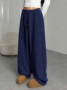 SHEIN Tween Girl Tween Girls Autumn And Winter Plus Velvet Thickened Simple Drawstring Loose Sports Straight Pants - Navy Blue - View 8