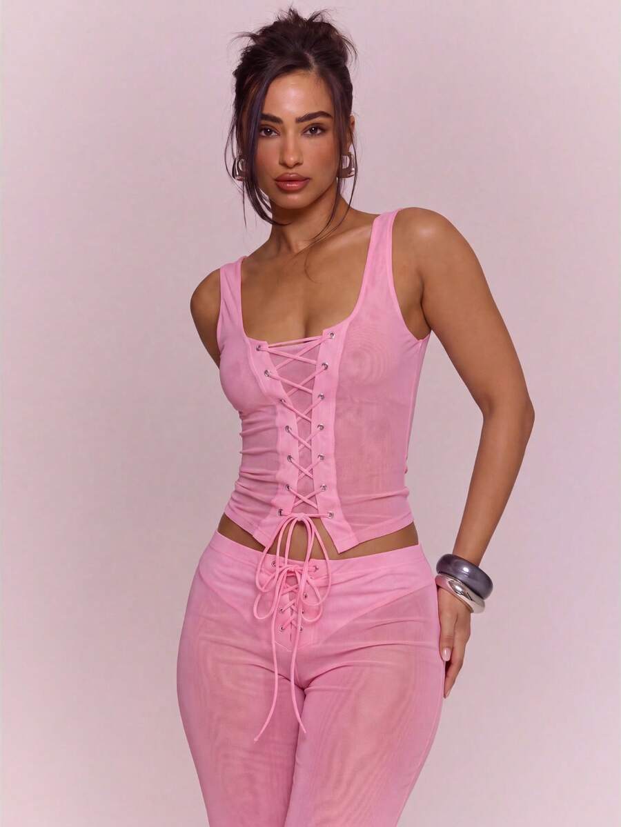 MUSERA Lace Up Front Fitted Corset Detail Top Sexy Spring Summer Evening Cute Elegant Date Night Festival V - Pink - View 1