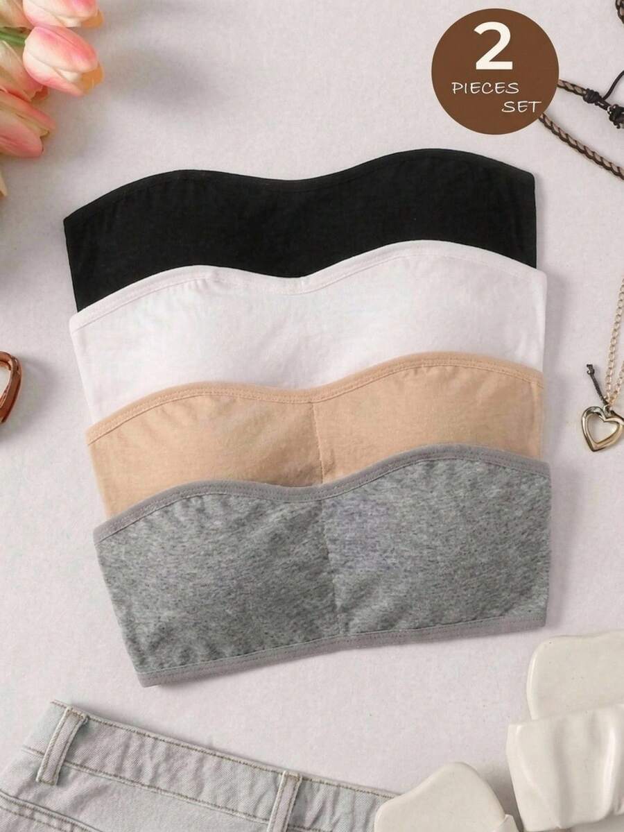SHEIN Tween Girl Solid Color Tube Top, Suitable For Autumn/Winter/All Seasons - Black and White - View 1