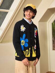 Devon Thys ANDREILEE Men's Casual Loose Solid Color Cardigan Sweater With Heart, Wave, Letter Graphic, V-Neck, Button Front, Long Sleeve, Knit Top For Autumn/Winter - Black - View 5
