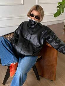 DAZY Women's PU Leather Long Sleeve Zipper Front Casual Winter Leather Jacket - Black - View 6