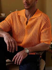 RivetRise Men's Solid Color Short Sleeve Hollow Knit Top - Coral Orange - View 5