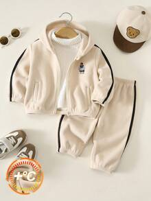 SHEIN 2pcs Baby Boy Baby Girl Baby Boy Contrast Color Woven Tape Small Stand Collar Long Sleeve Fleece Jacket & Elastic Waist Long Pants Set Suitable For Autumn And Winter - Multicolor - View 1