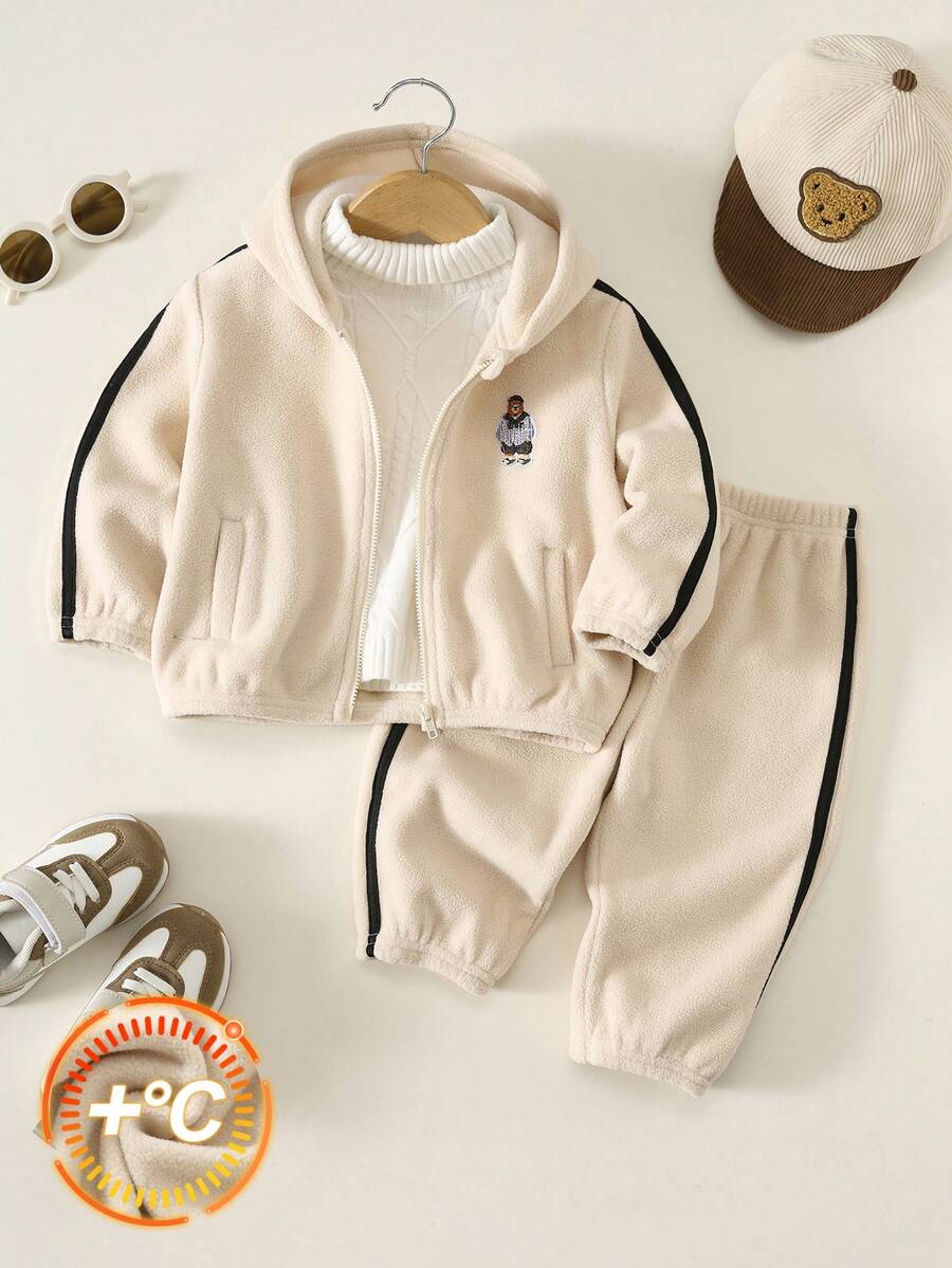 SHEIN 2pcs Baby Boy Baby Girl Baby Boy Contrast Color Woven Tape Small Stand Collar Long Sleeve Fleece Jacket & Elastic Waist Long Pants Set Suitable For Autumn And Winter - Multicolor - View 1