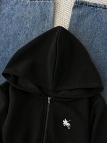 青少年女孩休閒運動款黑色小馬刺繡裝飾連帽開襟衛衣，秋冬款 - 黑色 - 查看 4