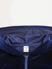 SHEIN 青少年女孩天鵝絨兩件套，秋冬加厚保暖內裡海軍藍天鵝絨連帽外套套裝 - 藏蓝色 - 查看 5