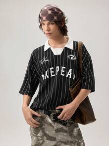Vaulklash Casual Sports Baseball Polo Shirt, Letter Print, Contrast Color, Short Sleeve Crop Tee For Men - Black - View 4