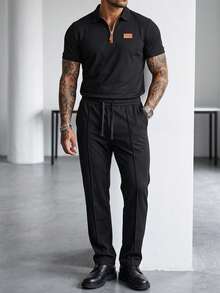 Manfinity CasualCool 男士字母印花丹寧短袖 Polo 衫與抽繩腰長褲休閒套裝 - 黑色 - 查看 5