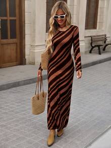 Brillora Vestido casual sexy para mujer con rayas marrones, cuello redondo, espalda descubierta, frente retorcido y abertura, para otoño, vacaciones al aire libre, citas nocturnas, brunch y salidas - Marrón - Ver 4