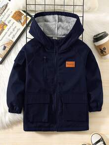 SHEIN 兒童小男孩休閒寬鬆連帽牛仔夾克加厚外套 純黑色 百搭 適合運動、上學 春秋冬三季 - 藏蓝色 - 查看 3