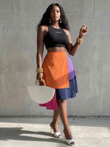 BamGlimmer Plus Size Women's Colorblock Casual Versatile Daily Wear Skirt - Multicolor - View 6