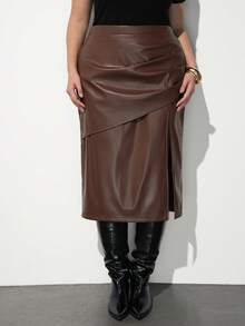 Maija Plus Size Fashion Street Style Ruched Front Slit PU Skirt Fall - Brown - View 4