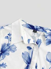 Ceyna Plus Size Women's Summer Short Sleeve Dress, Elegant Shirt Collar Tie Waist Midi Dress, Suitable For Casual, Vacation And Commute Occasions, Daily Wear, Party, Date, Shirt Dress, Floral Dress - Blue and White - View 5