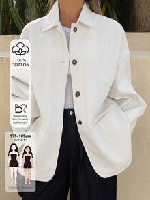 Livesso Tall Women's Loose Fit Open Front Lapel White Denim Jacket, Vacation Style Fall - White - View 1
