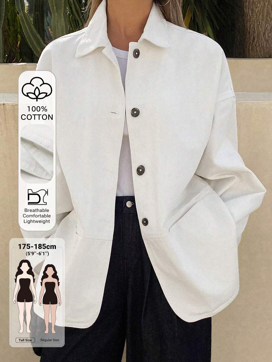 Livesso Tall Women's Loose Fit Open Front Lapel White Denim Jacket, Vacation Style Fall - White - View 1