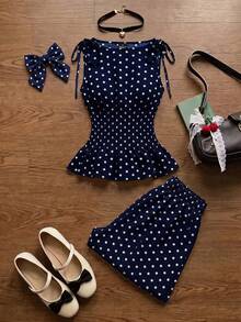 SHEIN MOD Women's Polka Dot Pattern Waist Gathered Sleeveless Blouse And Long Pants Casual 2 Pieces Set - Navy Blue - View 1