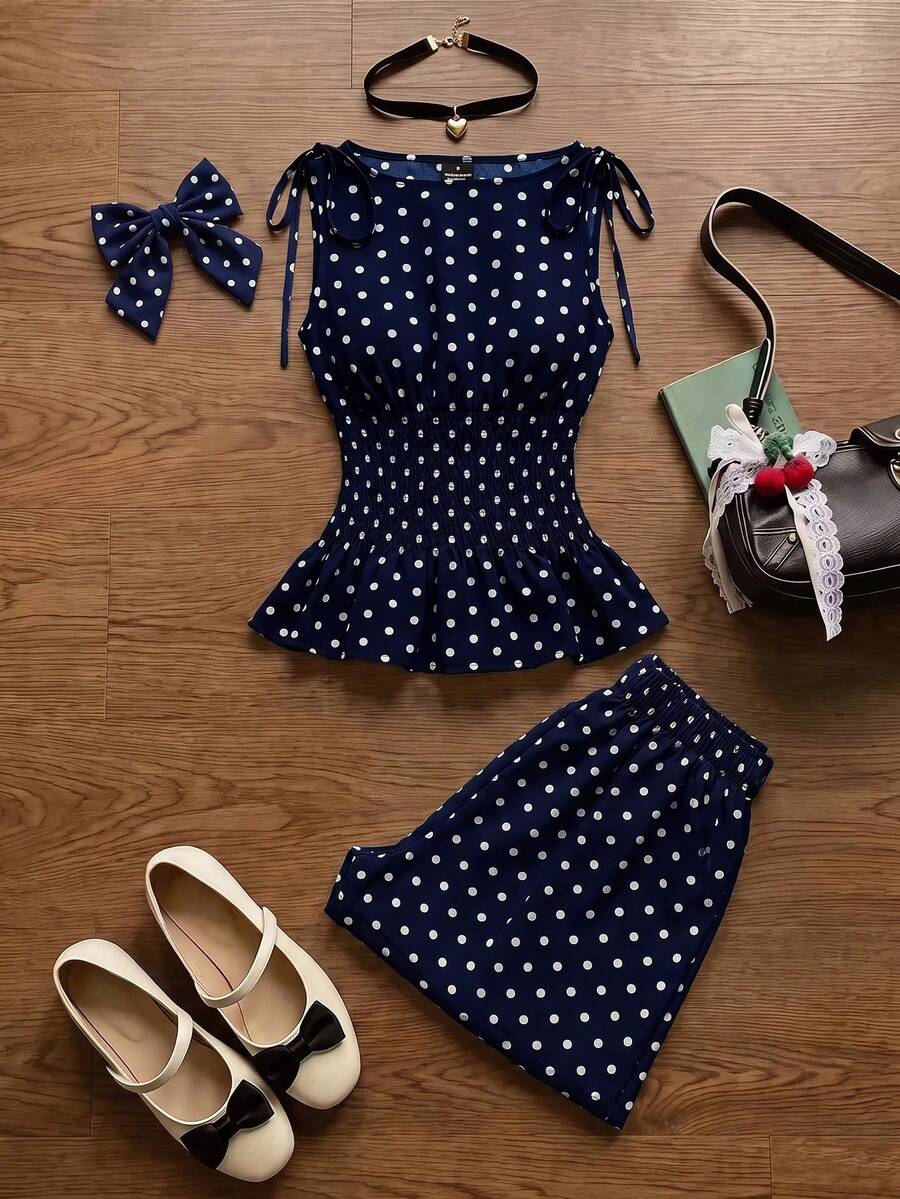 SHEIN MOD Women's Polka Dot Pattern Waist Gathered Sleeveless Blouse And Long Pants Casual 2 Pieces Set - Navy Blue - View 1