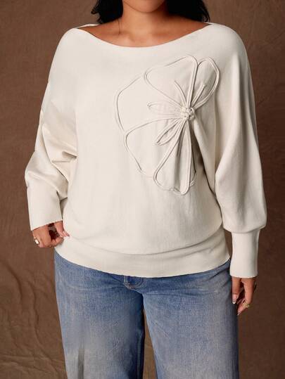 Rustia Plus Size Autumn/Winter Elegant 3D Floral Decor Batwing Sleeve Sweater