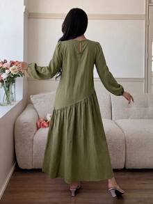 Solavon New Asymmetrical Loose Fit Comfortable Vacation Versatile Linen Dress - Army Green - View 2