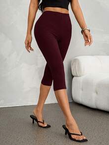SHEIN PETITE 女款 95% 棉 Caprileggings 七分緊身褲 - 酒紅色 - 查看 3
