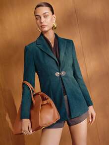 MOTF PREMIUM WOMEN'S COMMUTER ELEGANT AIRPLANE BUCKLE FRONT OPEN BLAZER - Dark Green - View 1
