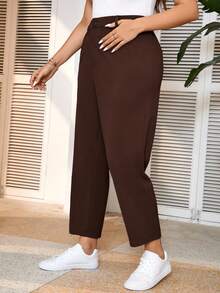 SHEIN Frenchy Plus Size Women's Solid Color Tapered Ankle Pants For Casual Work In Fall/Winter - Rust Brown - View 4
