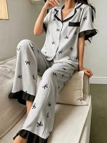 Dream Adore Blue Striped Bow Print Patchwork Contrast Color Lapel Short Sleeve Pants Pajama Set For Women - Grey - View 6