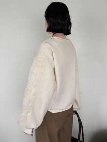 FRIFUL Women's Early Autumn New Korean Style Patchwork Sheer Mesh Ruffle Pleated Sweatshirt - Beige - View 2