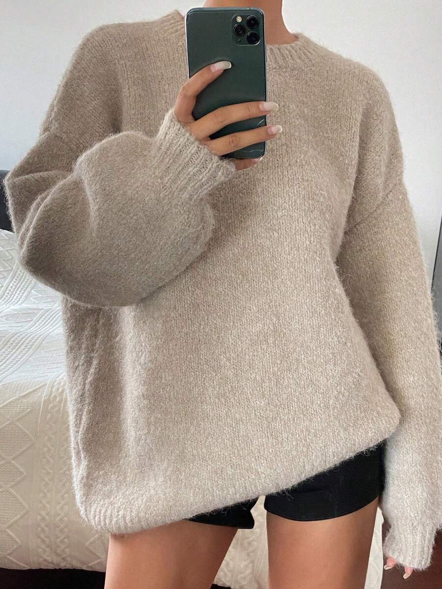 DAZY Solid Color Loose Round Neck Long Sleeve Lantern Sleeve Casual Vacation Spring Autumn Pullover Knit Sweater For Women - Apricot - View 1