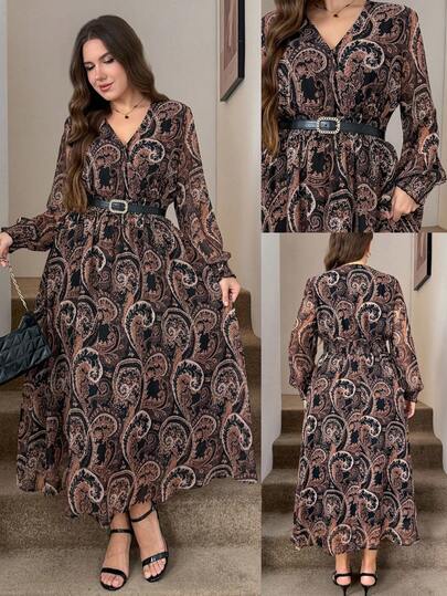 Easowa Curve Plus Size Women's V-Neck All-Over Print Casual Daily Party Travel Dress Fall