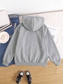 SHEIN 青少年女孩秋冬日常長袖連帽外套，附口袋 - 灰色 - 查看 4