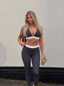 Dewbera Dewbera 1pc Women's Black Polka Dot Separated Cross Strap Tight Long Pants Sports Set - Black and White - View 1