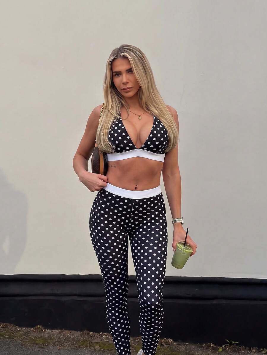Dewbera Dewbera 1pc Women's Black Polka Dot Separated Cross Strap Tight Long Pants Sports Set - Black and White - View 1