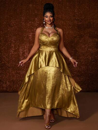 Maweii Plus Size Women's Spring Autumn Winter Gold Shiny Fabric Halter Neck Sleeveless Cinched Waist Double Layer Ruffle A-Line Long Dress, Elegant Women's Dress, Elegant Party Dress, Party Outfit, Graduation Ball, Sexy Date, Women's Holiday Outfit, Sexy Women's Clothing