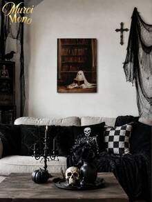 Muroi Mono 1pc Dark Academia Canvas Wall Art, Retro Painting Of Cute White Ghost Reading Book In Old Library, Gothic Spooky Art Print Poster, Home Aesthetic Wall Hanging Decor For Living Room Bedroom Halloween Decor - multicolor - View 11