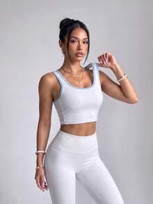 Easithlete Women's Trimmed Cropped Tank Top For Daily Wear And Fitness Modest Sporty Workout Gym Blue And White Summer - White - View 3