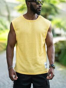 thenoahjr thenoahjr Men's Summer Solid Color Waffle Pattern Round Neck Casual Tank Top - Yellow - View 4