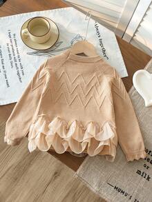 SHEIN Vintaside Kids 女童返校季秋冬米色甜美毛衣，絲綢蕾絲下擺，優雅知性風，柔軟紗線，舒適百搭，適合日常休閒穿著、家庭聚會、萬聖節、新年、感恩節、聖誕節 - 棕色 - 查看 2