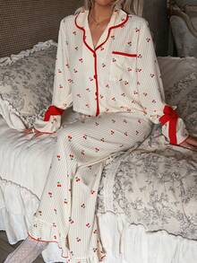 CottageSlumber Red And White Checkered Cherry Print Pajama Set, Sweet Tie Bow Cuffs Ruffle Hem Long Pants Loungewear 2 Pieces Set Sleep Autumn Cute Kawaii - Multicolor - View 7