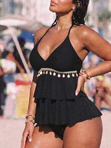 Swim Vcay Conjunto de Tankini de Talla Grande para Mujer con Halter y Adorno de Conchas para la Playa de Verano - Negro - Ver 1