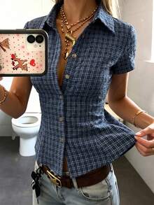 INAWLY Kemeja Polo Wanita Lengan Pendek Pas Badan - Navy Blue - View 6